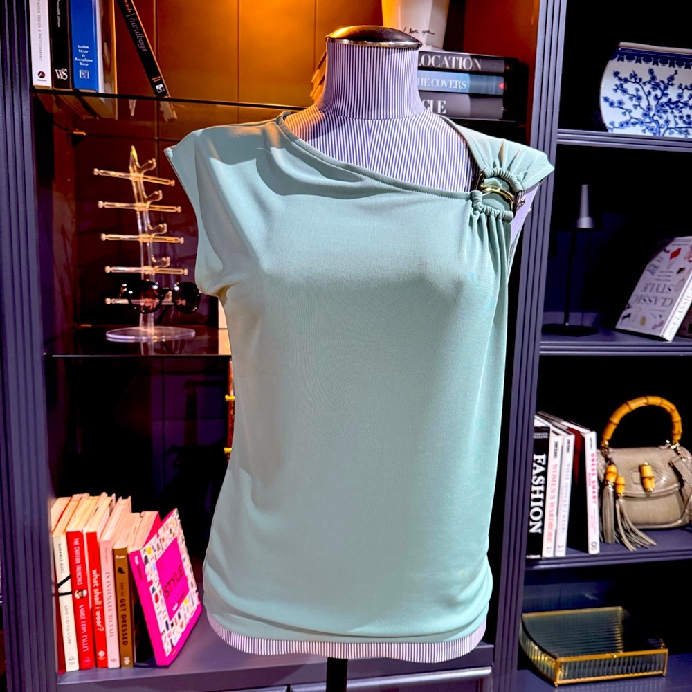 Lauren Ralph Lauren Sage Green Asymmetrical Stretch Jersey Top – Size M
